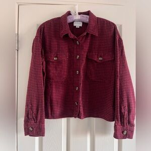 American Eagle Red Plaid Button-Up Cropped Flannel Shirt Women Size Large